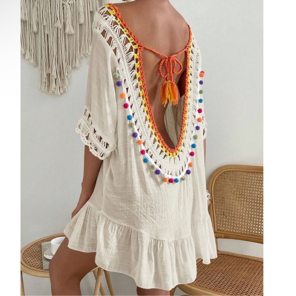 Island Blue Boho Crochet Semi Sheer Beach Coverup Colorful Crochet Fringe Shawl